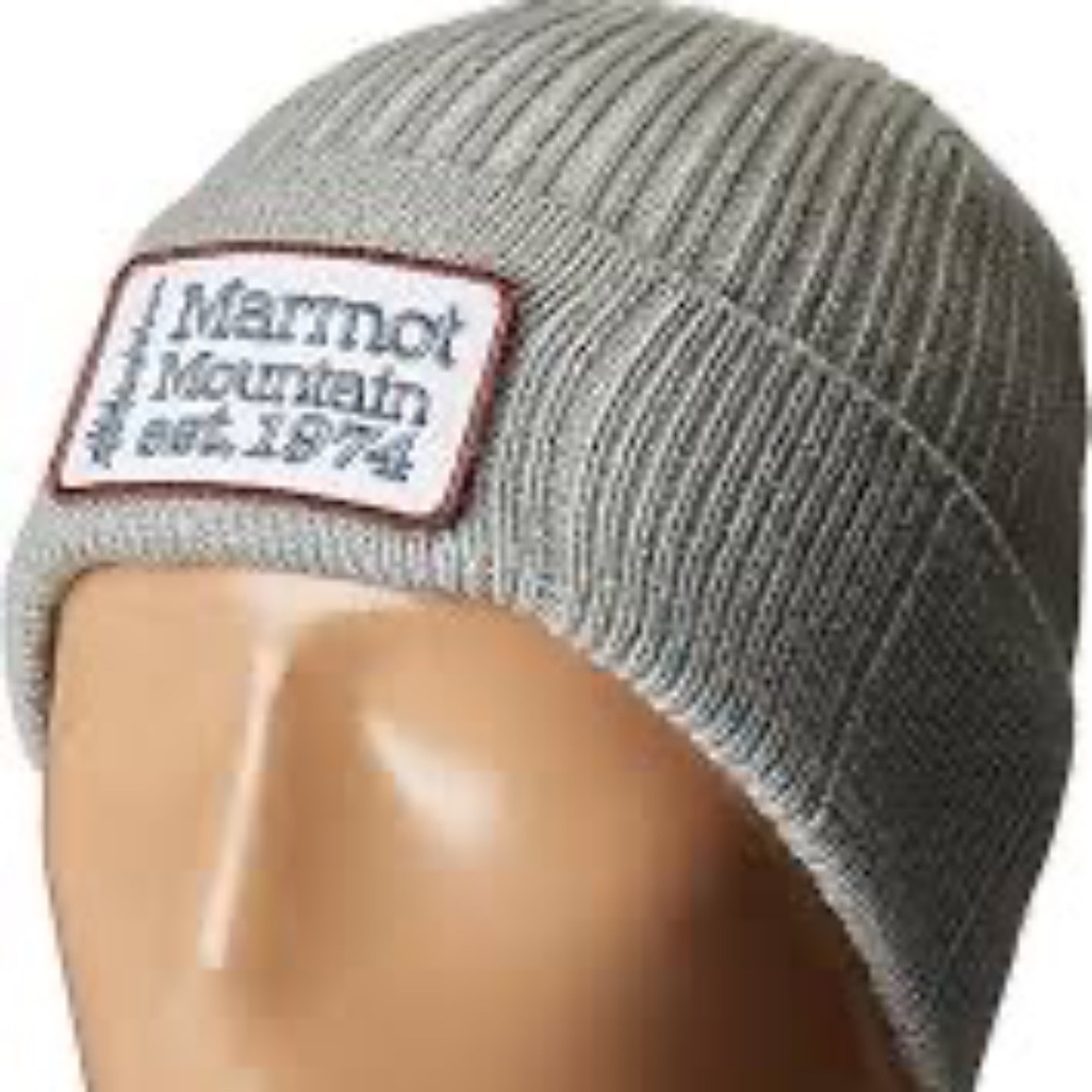 Marmot Mountain Knit Beanie Hat Gray Cuffed Logo Patch Winter Outdoor